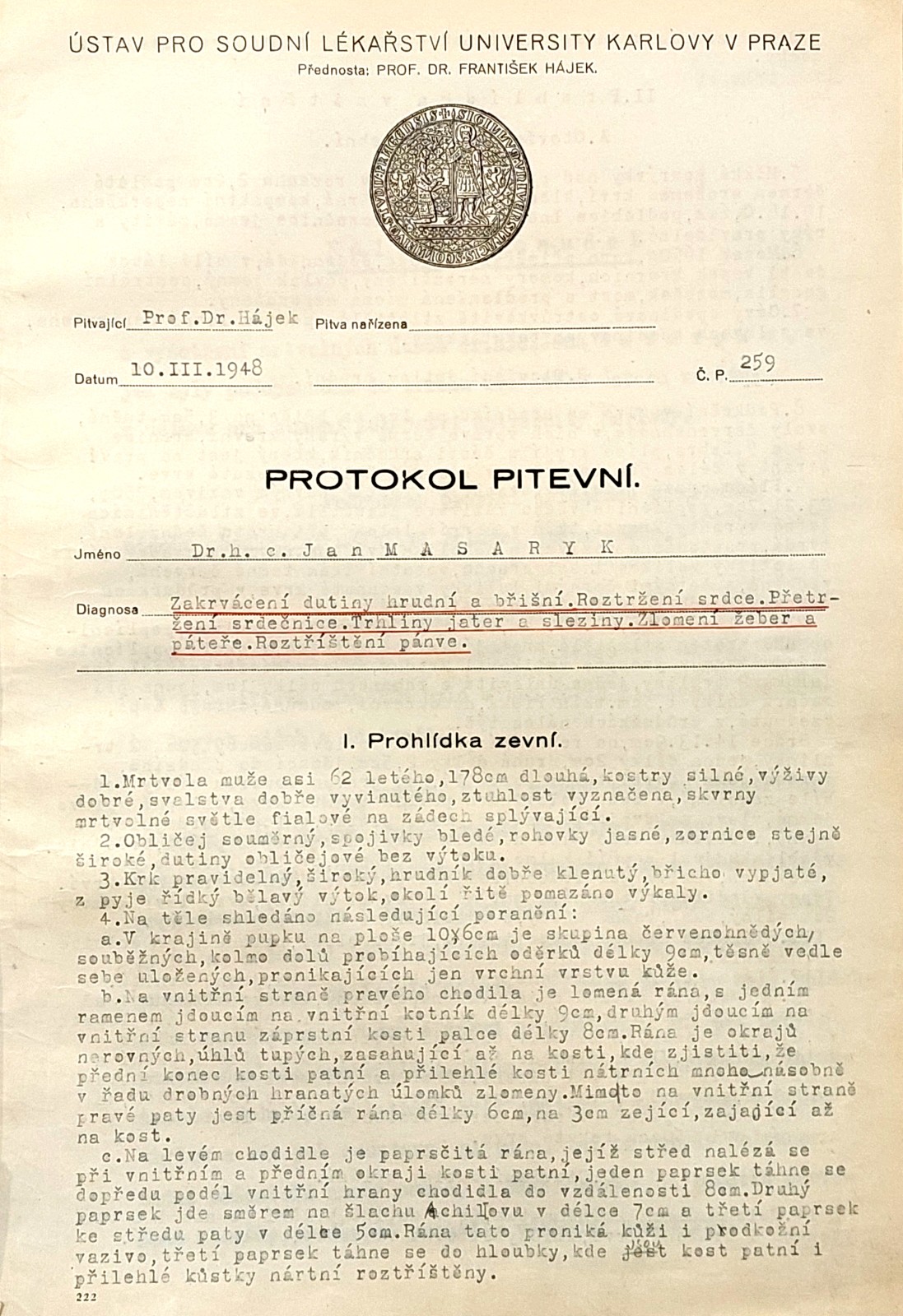 První strana originálu pitevního protokolu