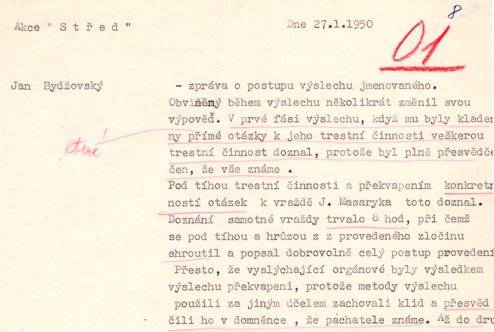 Strana 8 ze 140 ze svazku dokumentů týkajících se „Závažné výpovědi“ Jana Bydžovského ohledně smrti Jana Masaryka (Archiv bezpečnostních složek, fond 304, 304-254-10)