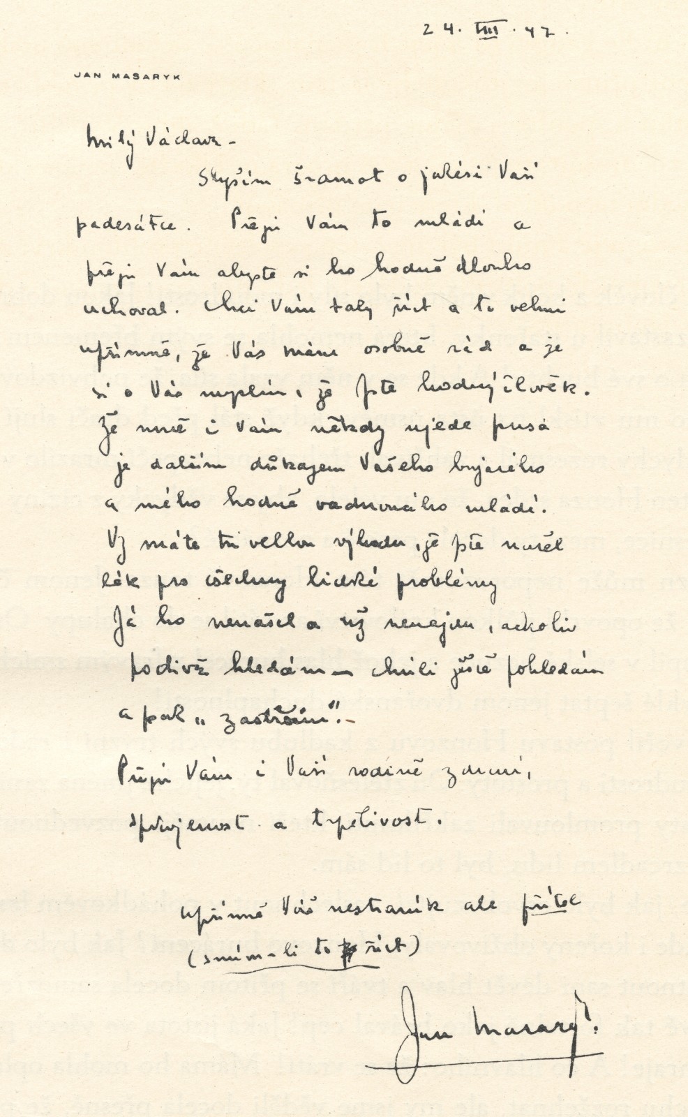 Až servilně blahopřejný Masarykův dopis z 24. 8. 1947 k padesátinám komunistického propagandisty a ministra informací Kopeckého, který se aktivně od února 1948 podílel na přípravě politických procesů